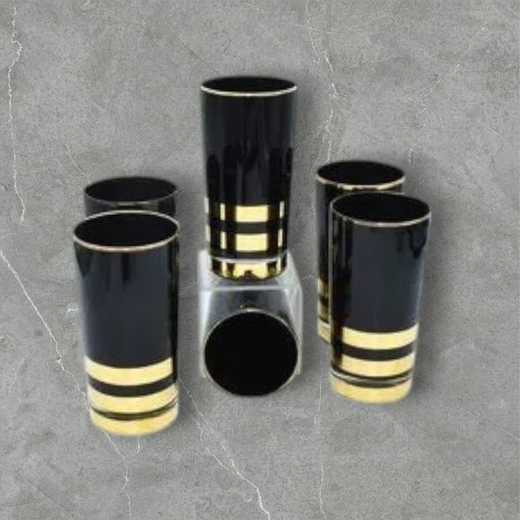 MCM Black with Gold Trim Hi-Ball Bar Drinking Glasses Set of 6 Tom Collins - Picture 2 of 9